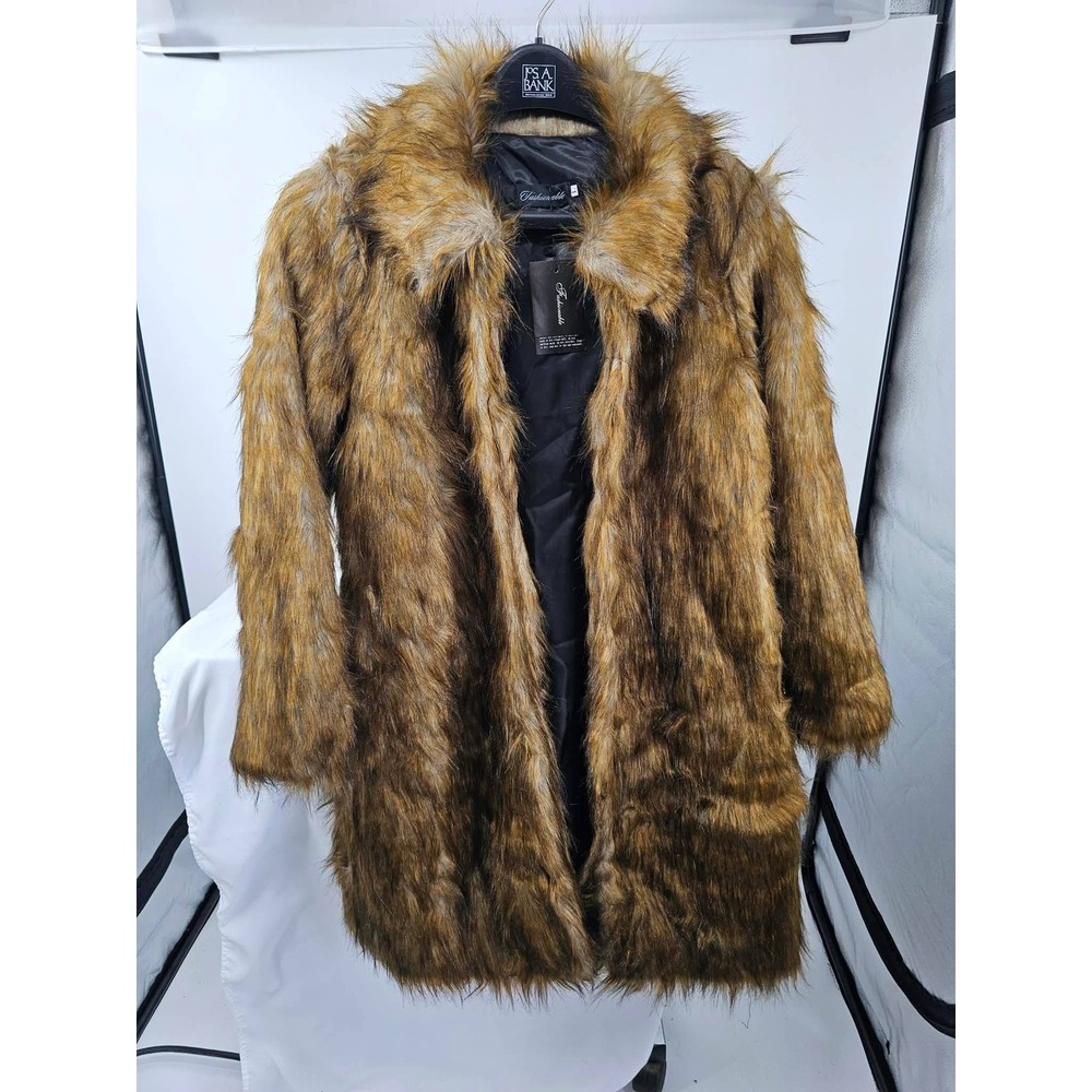 Fashionable Brown Faux Fur Coat Notched Collar Glam Jacket Large